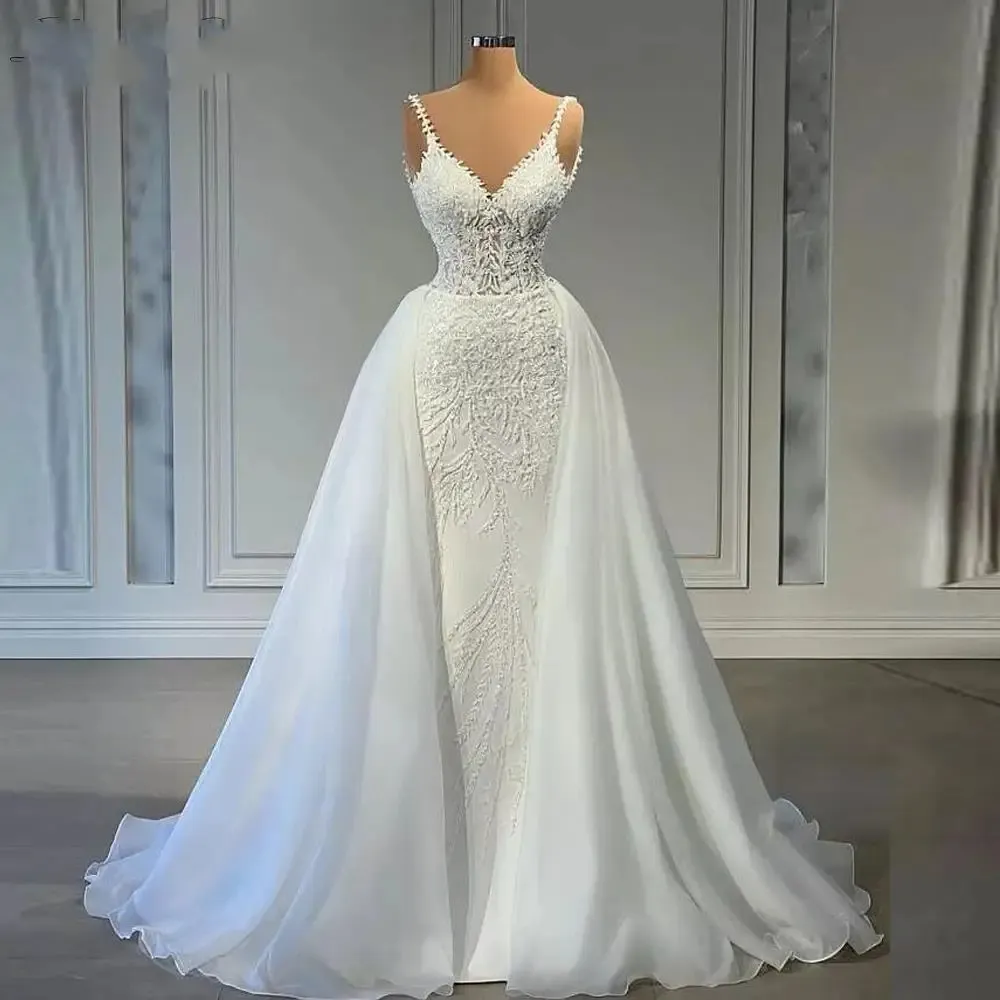 Robes de mariée de sirène de luxe 2024 Train détachable Sangle à col en V perle en dentelle Broderie Bridal Formal Fany Robes Vestidos de Noiva