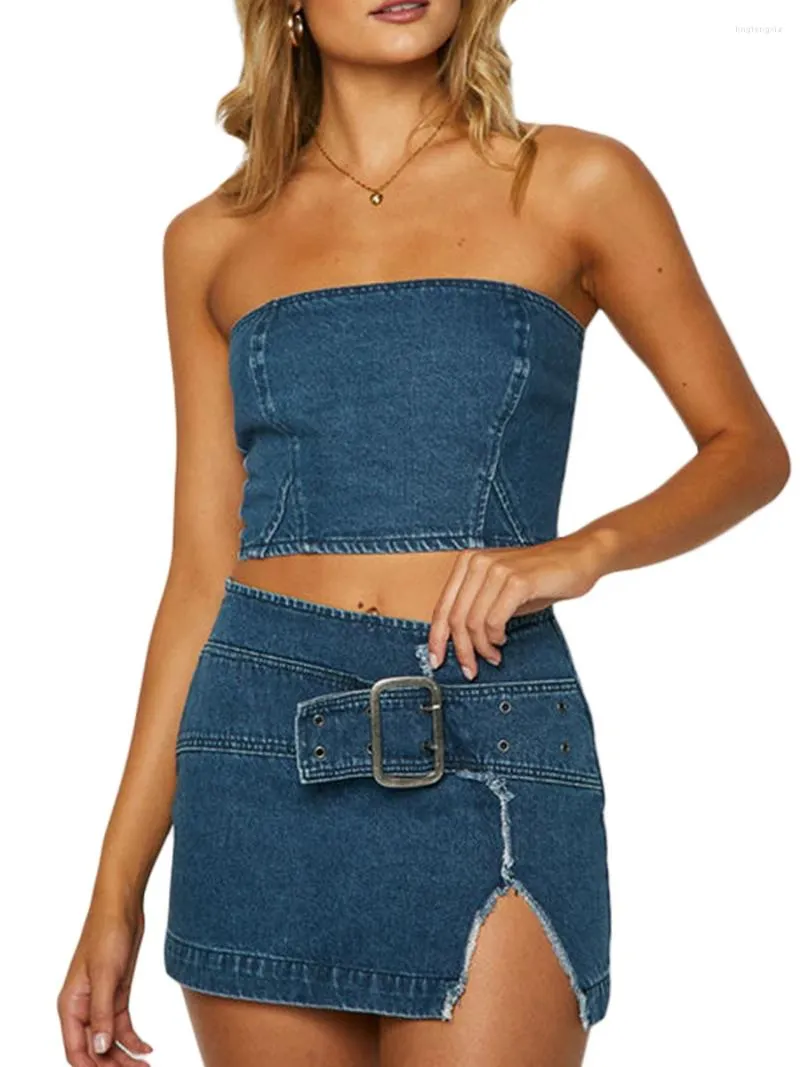 Work Dresses Women Crop Top And Jean Denim Skirt Set Backless Bandeau Tube Short Skirts Suit Club