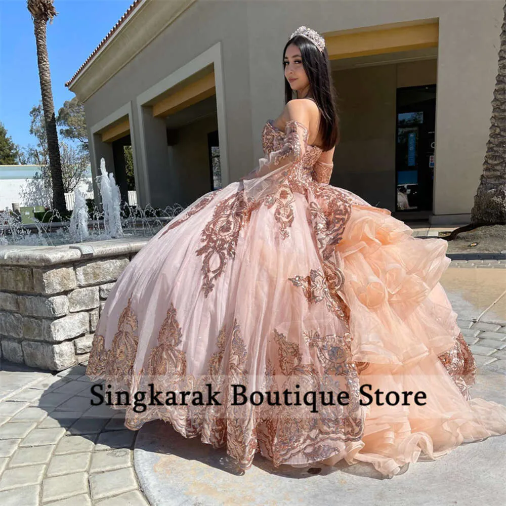 two piece rose gold quince dress Rachel Allan RQ1158 Sweetheart Neck Gold Embroidery Quince Gown
