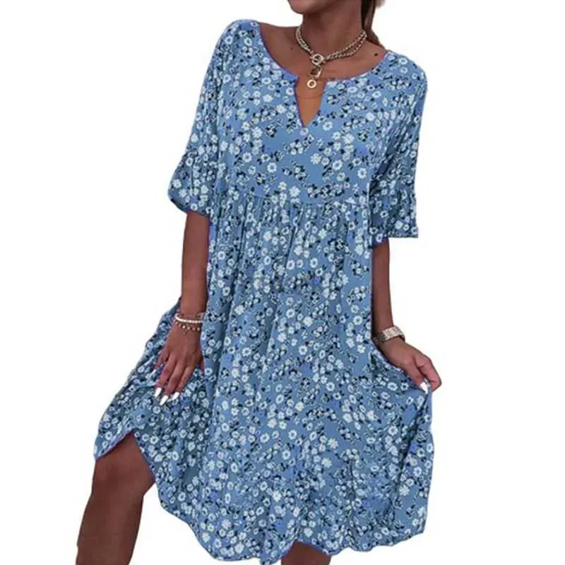 Robes sexy urbaines Femmes Robe à moitié à manches mi-manches avec patchwork plissé et grand ourlet Femmes Summer en V Robe florale à col en V D240510