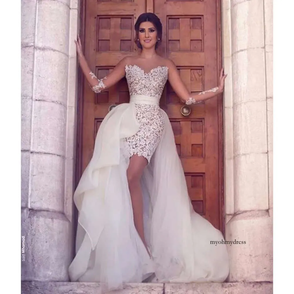 Arabisk långärmad avtagbar kjol spetsklänningar illusion brudklänning vestidos de noiva applikation korta bröllopsklänningar Anpassa 0510
