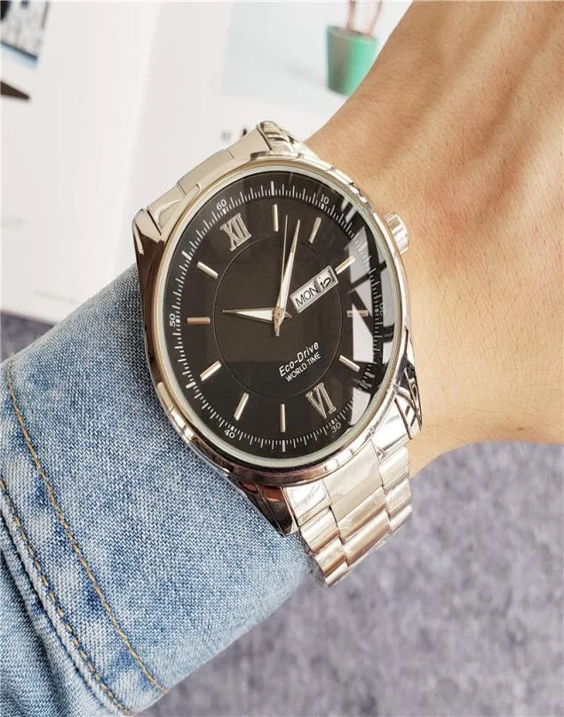 Top Mens Uhren Quarz Bewegung Watch für Männer Japan Batterie Spritzer wasserdichte Öko Edelstahl -Gurtantrieb Datum Armbandwatch Des9674862