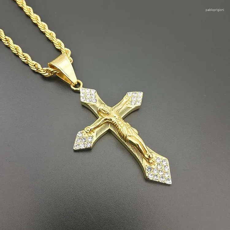 Hanger kettingen goudkleurige kruis Christus Jezus ketting 316L roestvrij staal schakel rolo ketting zware mannen sieraden cadeau_voghion.com