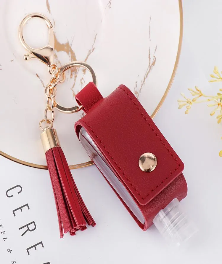 Part Favor Hand Sanitizer Holder With Bottle Leather Tassel Keychain Portable Desinfectant Case Tomma flaskor Keychains KKB72393110009