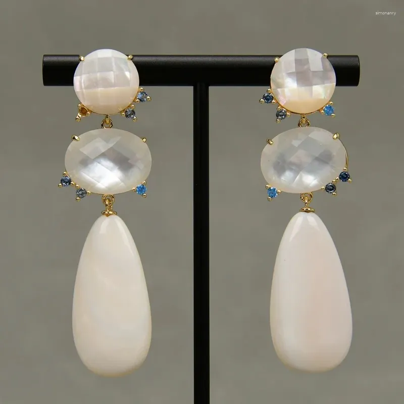 Dangle Earrings Real White Sea Shell Mother Pearl Blue CZ Paved Stud Earring Handmade For Lady Party Gift