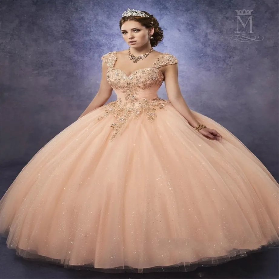 Sparkling Mary's Peach Quinceanera Dresses with Detachable Straps Waist Tulle Sweet 16 Dress Lace Up Back Prom Gowns 255f
