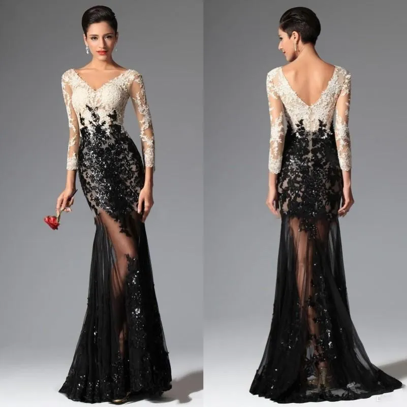 Sirène blanche noire à manches longues robes de soirée en dentelle 2016 Elie Saab V couche transparente illusion de célébrités de célébrités robes de bal de soirée Wear 228Q