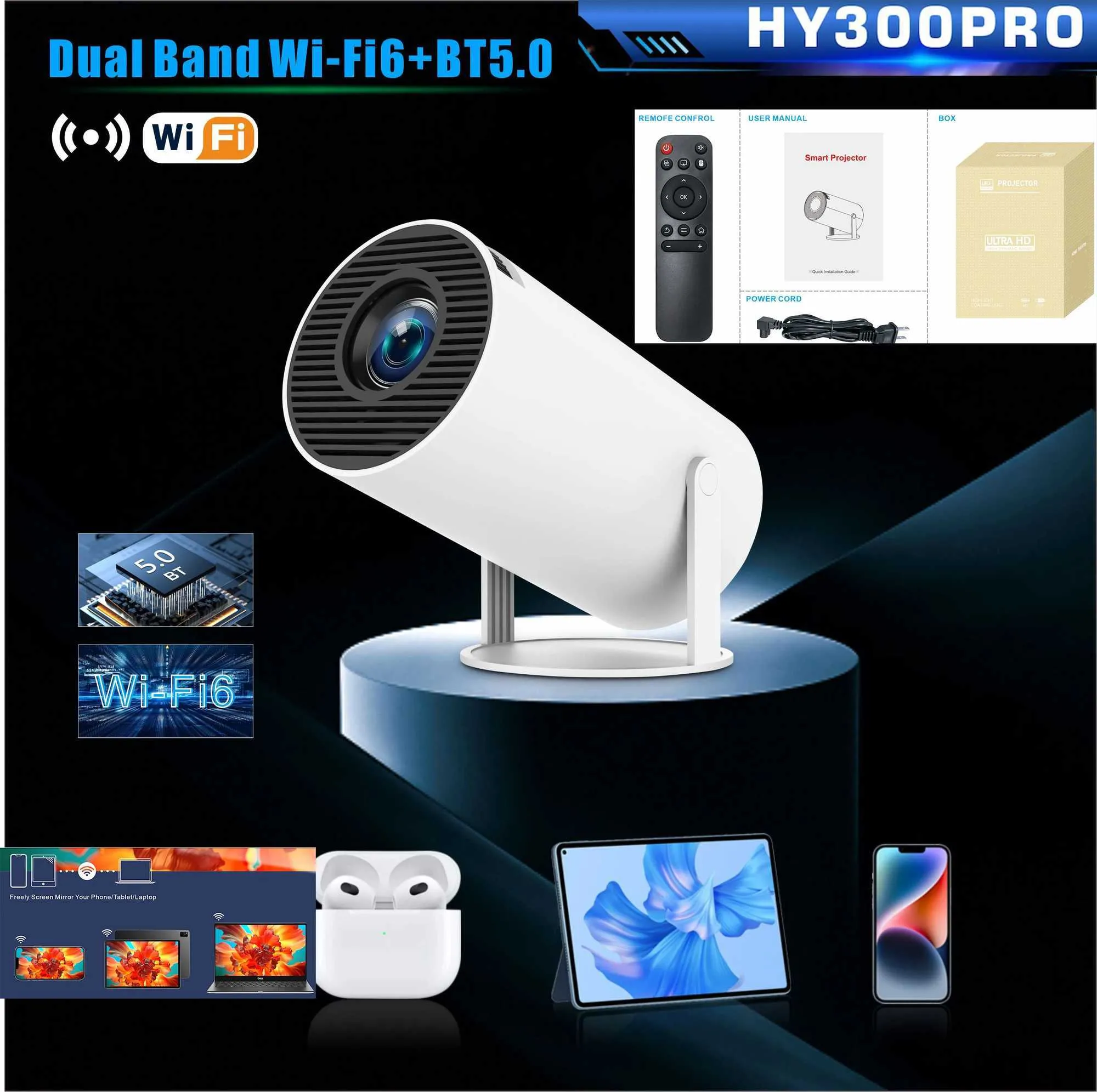 Projecteurs Hy300 Pro Android 11.0 Portable Mini Projecteur 1 Go 8 Go 2,4G / 5G WiFi5 BT5 / 0 1280 * 720DPI 160 ANSI LUMEN Home Theatre Projecteur J240509