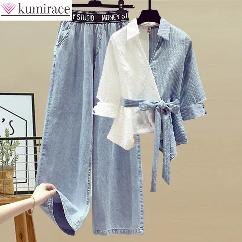 Summer Stitched Chiffon Shirt Kvinna Set Elegant Womens Jeans Casual Blus Two Piece Ladies Tracksuits 240429