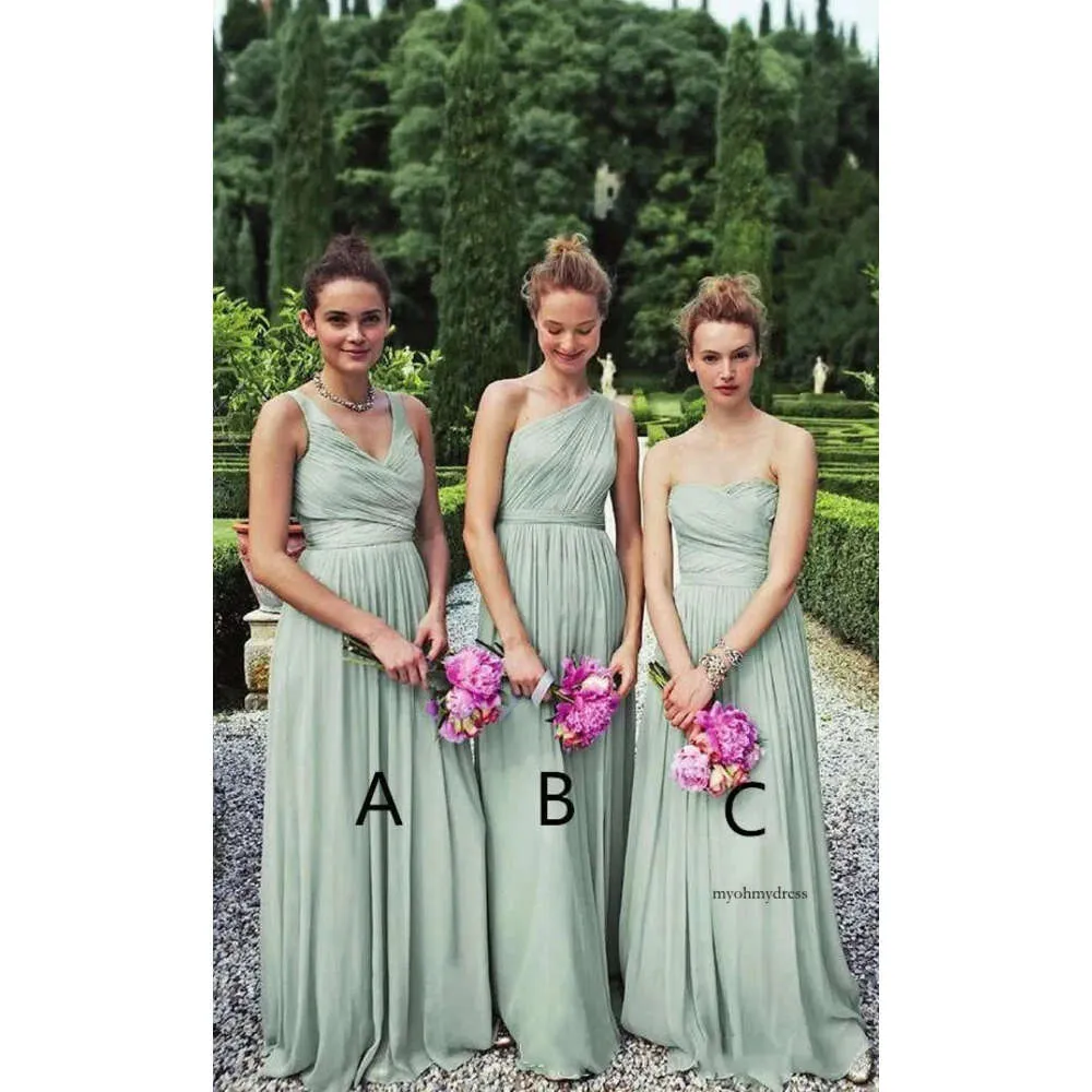A Line Long Bridesmaid Dresses Ruffle Prom Party Gowns Sleeveless One Shoulder Strapless V Neck Ruched Chiffon Maid Of Honor Dresses Custom 0510