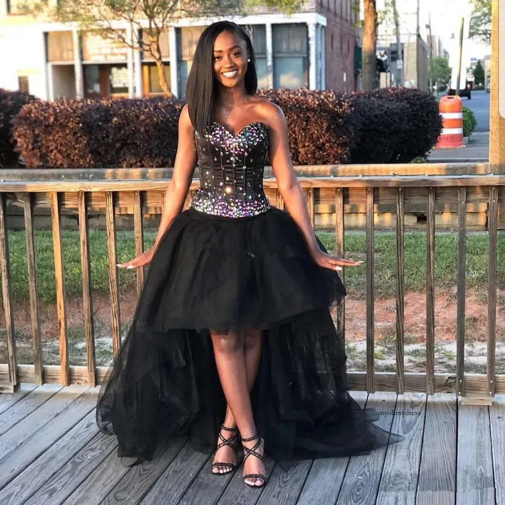 Black Rhinestone Hi Lo Black Strapless Homecoming Dress With Sweetheart Neckline And Lace Up Back Sleeveless Prom Gown For Evening Parties Z79 0510 From Myohmydress 212.07 DHgate.Com