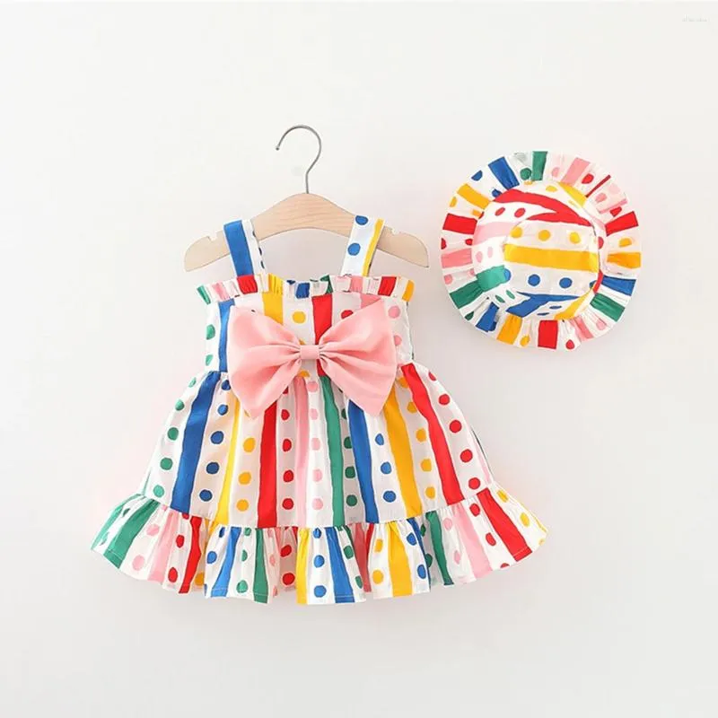 Robes de fille bébé mignon robe imprimée à rayures colorée pour les filles d'été 2 / pièce ensemble doux arc elfe sling soleil chapeau