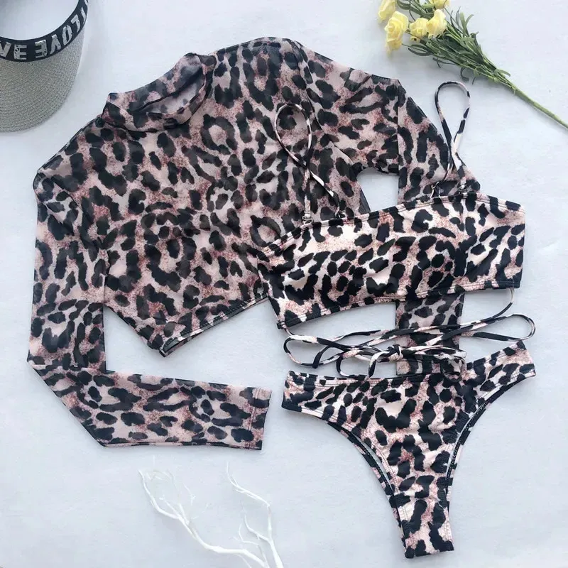 Long Sleeve 3 Piece Swimsuit High Cut Leopard Cover Up Push Bikini Separate Sports Bandage Bathing Suit Thong Swimwear 240509