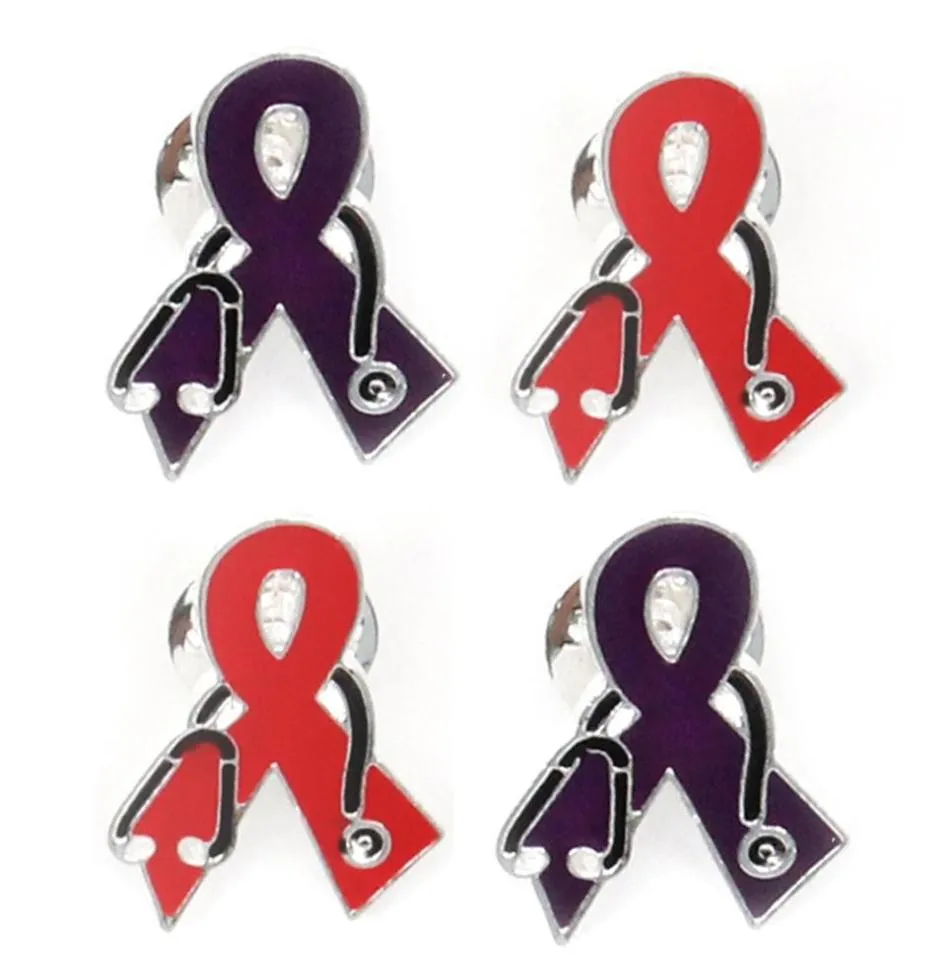 20 PCSLOT Fashion Red and Purple Emalj Brosches Randform med stetoskop bröstcancermedvetenhet medicinsk fjärilstift för8731375