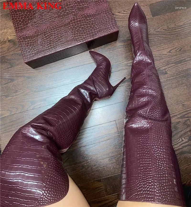 Boots Fashion Crocodile High Heels Over The Knee Women Winter Pointed Toe Thigh Female Party Shoes 2024