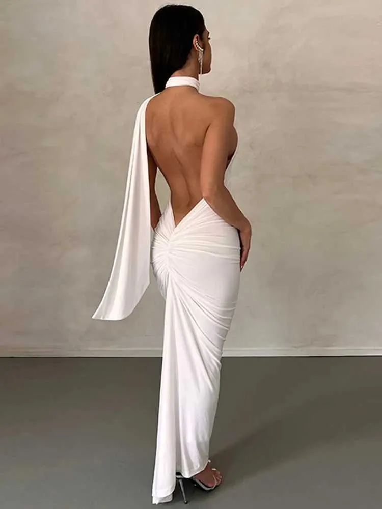 Grundläggande avslappnade klänningar Hugcitar Halter One Shoulder Backless Solid Draped Elegant Sexy Maxi Prom Dress 2023 Summer Women Slim Outfit Birthday Party Y2K Y240509