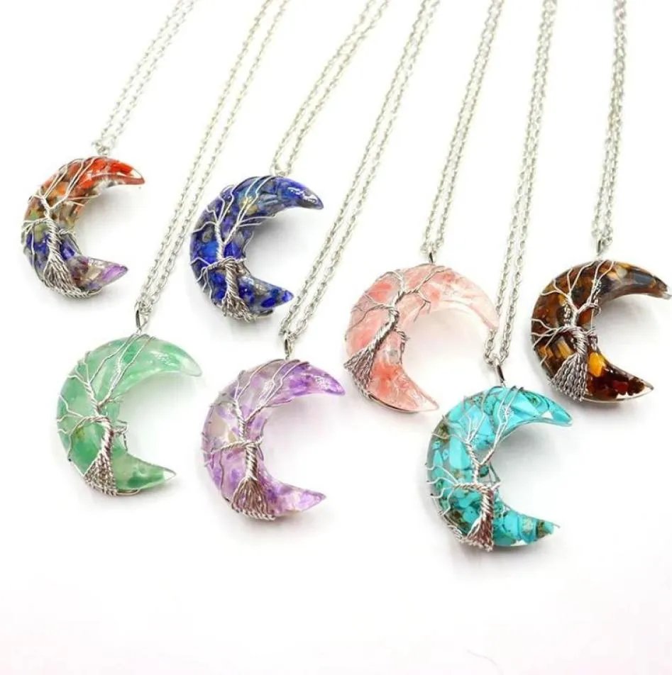 Colliers pendants Chakra Reiki Collier de gravier naturel Résine Tree of Life Moon Hands Knapp Emballe Crescent Quartz BielryPendant Collier747636