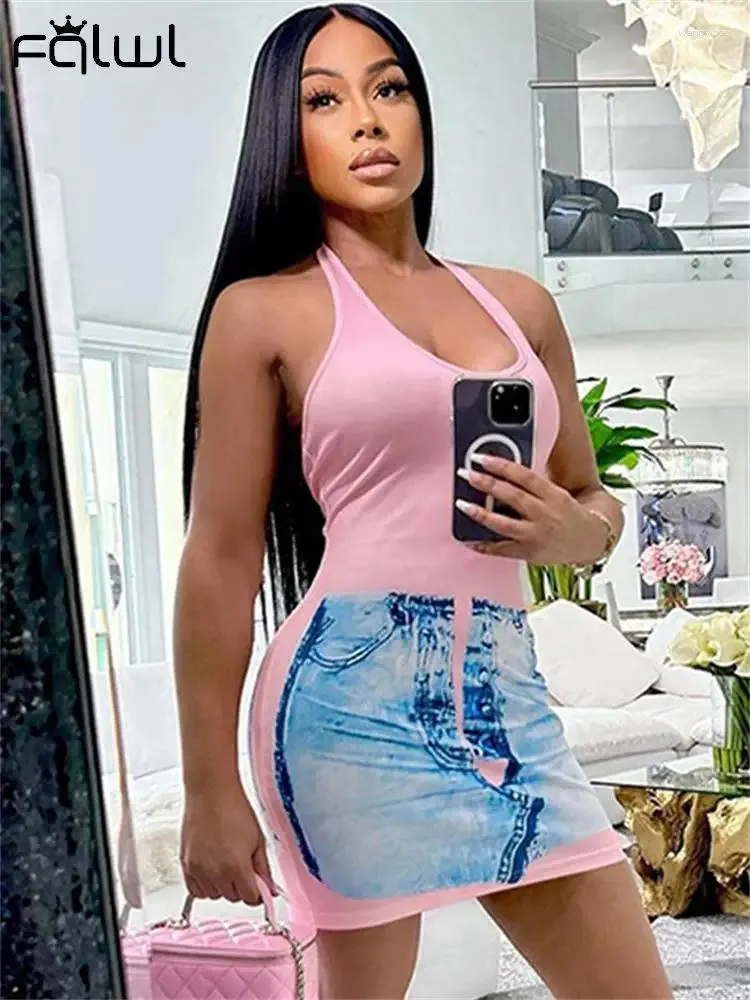 Lässige Kleider Habbris Sexy Pink Jean Print Halter Mini Kleiderparty Club Outfits für Frauen 2024 Fall Back Less Short Booty Fashion