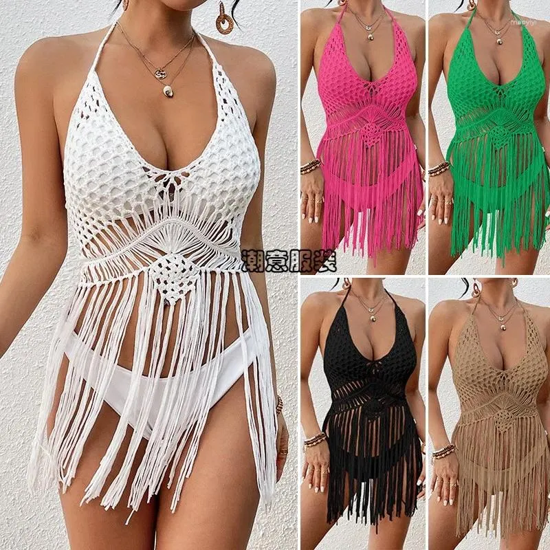 Sommerkleid für Frauen 2024 Strandausgang Trend sexy Häkelgeflecht mit gehöcherten Fransenbikini Kurztop solide Acryl