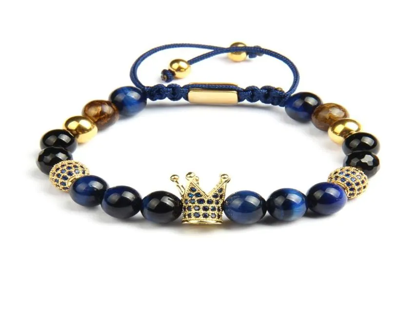 Niebieskie CZ Crown Men Bracelety Whatle 8 mm Natural Tiger Eye Stone Beads Macrame Biżuteria z koralikami ze stali nierdzewnej 8243984