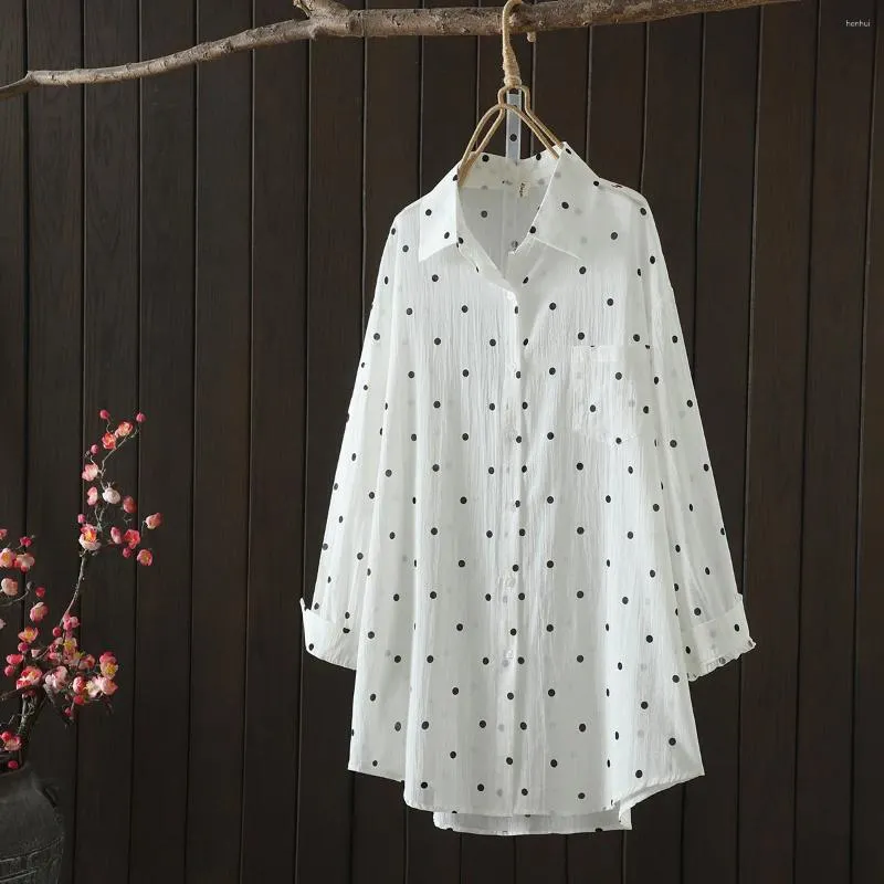 Blusas femininas de algodão de manga longa bolinhas de bolinhas impressas blusa blusa tampo com bolso feminino verão outono japão estilo plus size ponto