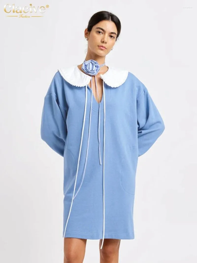 Robes décontractées robe femme bleue en vrac en vrac 2024 collier de poupée de mode mini mange midi élégant à lacets classiques
