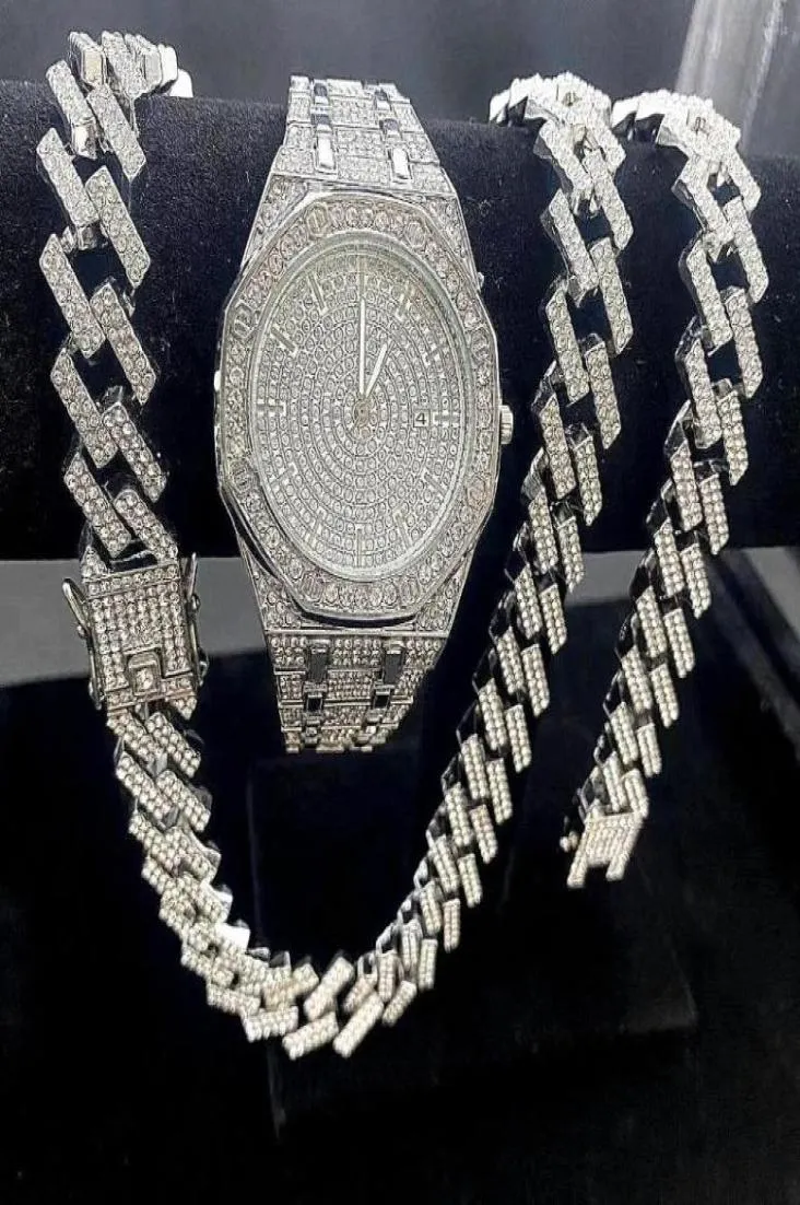 Chaînes 3pcs ICCES OUT OUT POUR MEN GORD GORD WORD 15 mm Bracelet Cuban Colliers Diamond Hip Hop Jewelry Man Clock5072095