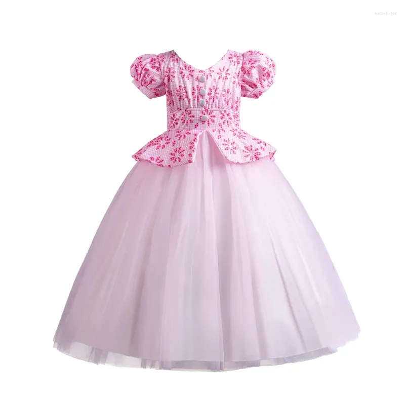 Meisjesjurken roze bedrukte bubbel mouw mesh gezwollen jurk voor meisjes van 4 tot 14 geschikte verjaardagsfeestjes dragen prinsesbal