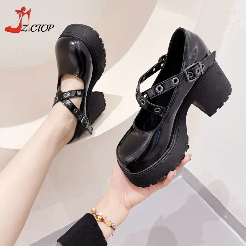 Chaussures habillées Black Super High Talons Chunky Platform Mary Jane Femmes Design Round Toe Talons épais Pompes Gothic Lolita