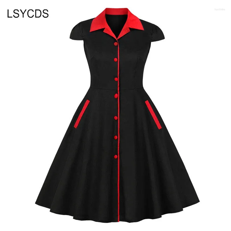 Parti Elbiseleri Lsycds Vintage Black Rockabilly Dönüşü Kısa Kol Kısa Kollu Diz Uzunlukta Ofis Retro Kadın Elbise