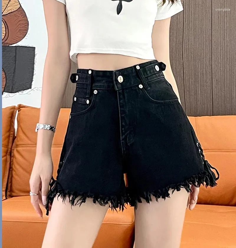 Shorts femminile 2024 Summer Bandage Tend Trend Jeans Female Personalità Nera Fringe Denim Dark Gothic Hip Hop Streetwear 5xl 5xl