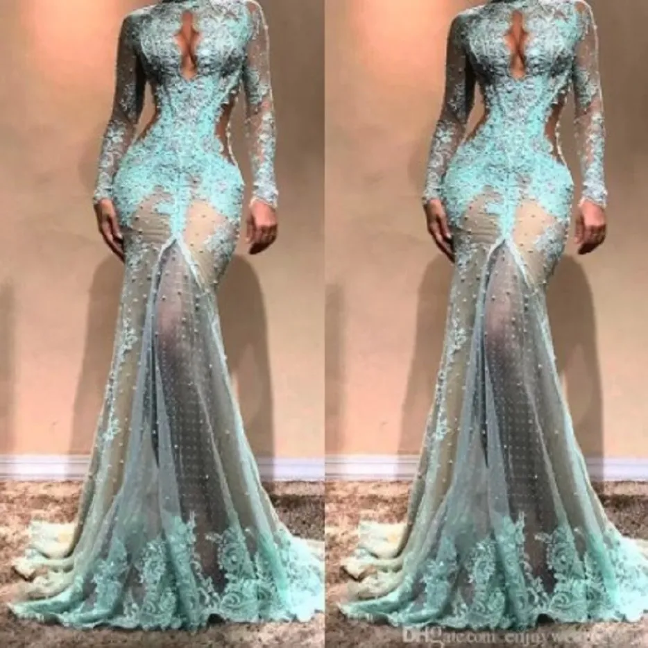 Luksusowe pełne koronki Perły Sukienki wieczorowe Dubai Dubai See Through Illusion High Split Formal Prom Cutaway Side Celebrity Suknia 263G