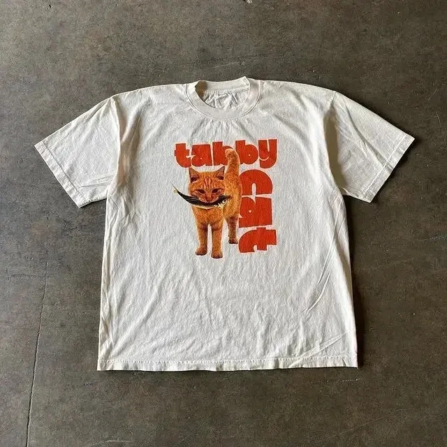 Y2k Mens Shirt Summer Harajuku Street Apparel Orange Cat Print Classic Short Sleeve Slim Fit Top Womens Tshirt 240509