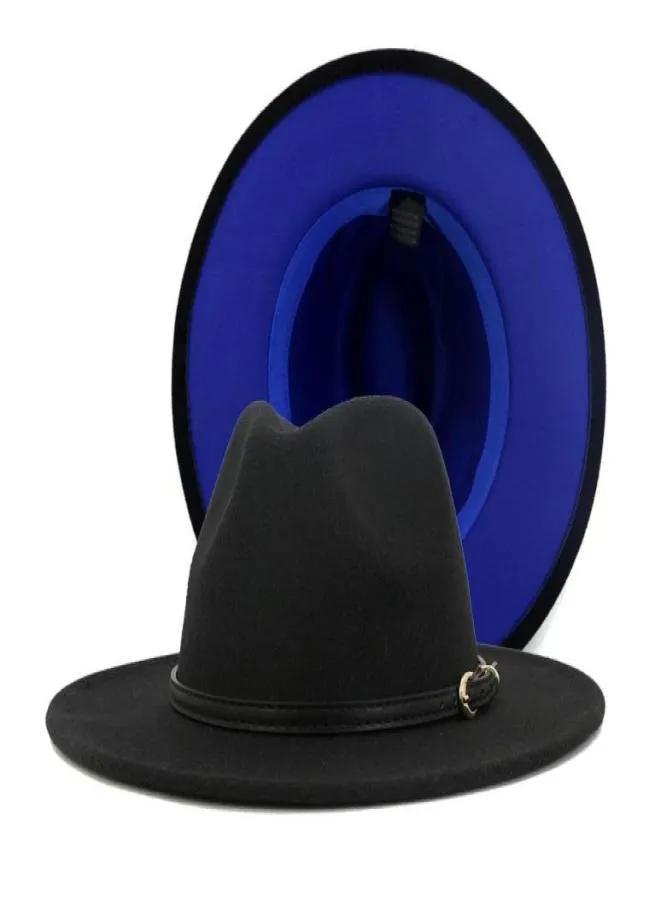 2020 Fashion Women Men Patchwork Artificial Wool Felt Fedora Hats with Belt Buckle DoubleSided Color Flat Brim Jazz Panama Cap5507191
