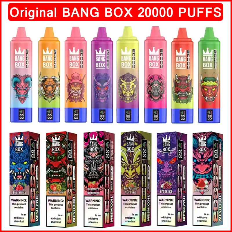 Bang Box 20000 Puffs Disposable Vape E Cigarettes Smart Screen 0/2/3/5% Puff 20k 35ml Pod Mesh Coil 850mAh Batterie rechargeable Verceur numérique Affichage numérique