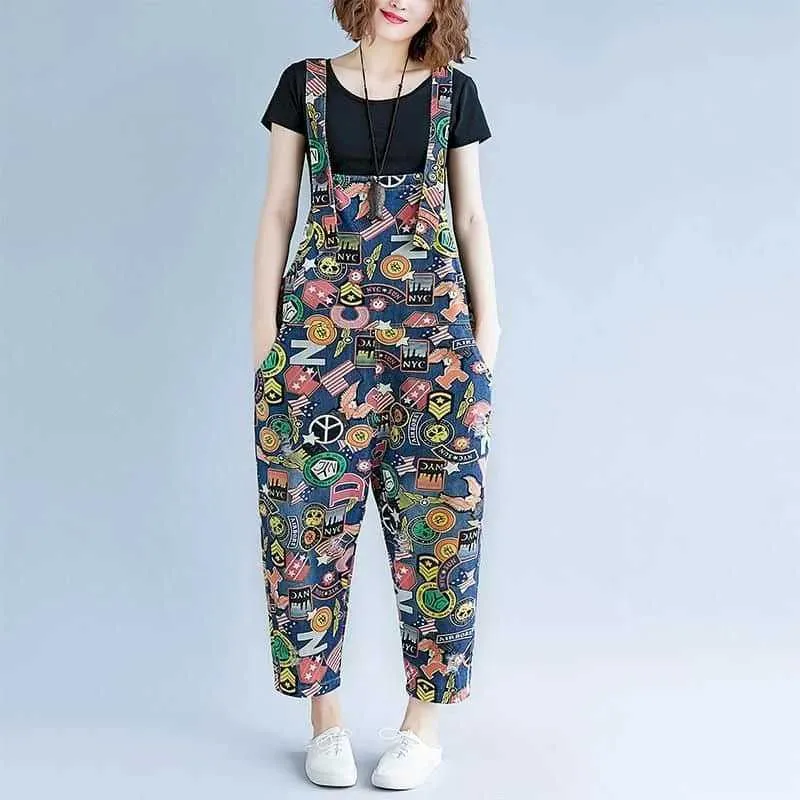 Macacões femininos Rompers imprimem jumins jeans para mulheres estilo coreano Playshon calças retas calças de grandes dimensões para mulheres roupas Y240510