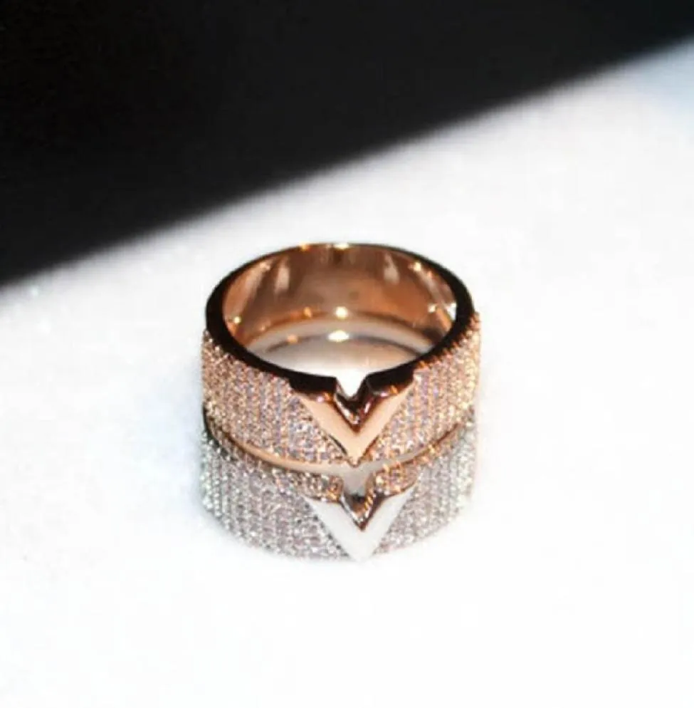 Moda luksusowy projektant Super Blawling Cubic Zirkonia Diamond Letter V Pusty Pierścień dla kobiet dziewcząt 8 94987270