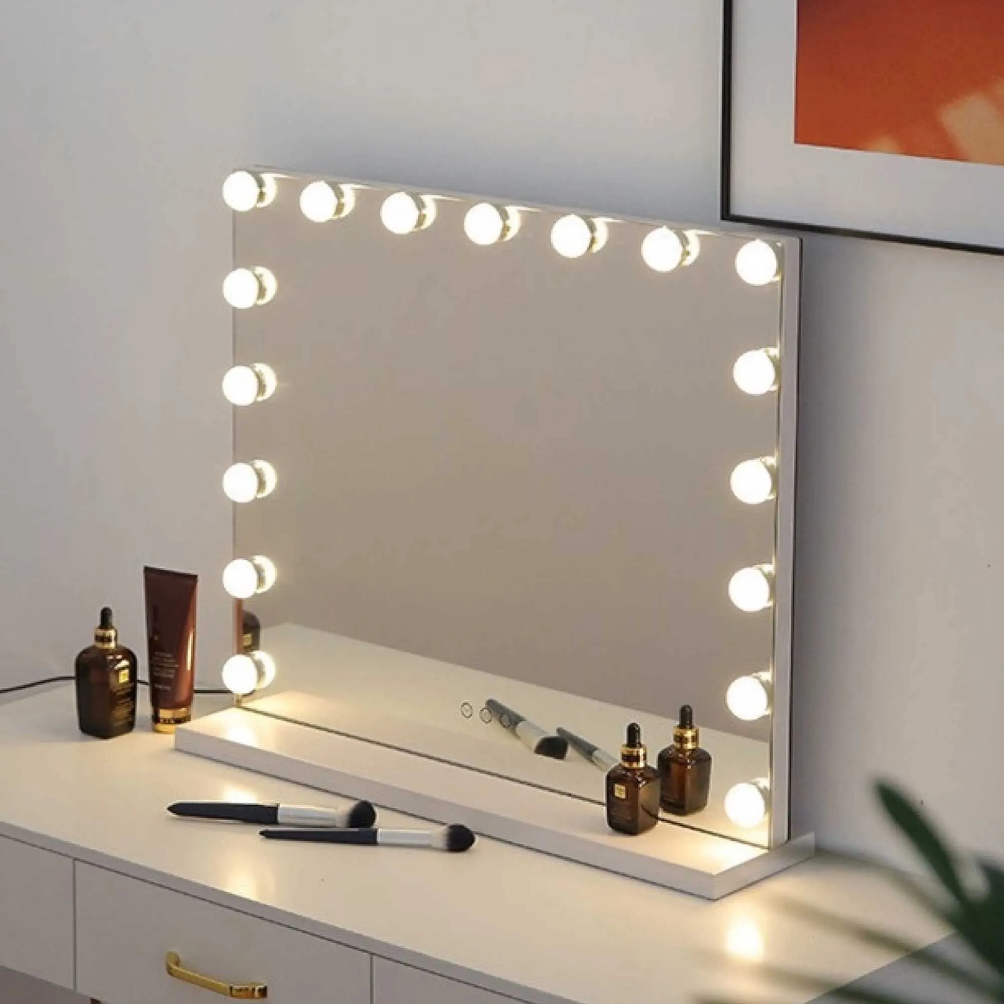 Compact spiegels grote ijdelheid spiegel met lichten 16 LED -lampen 3 kleuren voor verlichting make -up slaapkamer aanrecht wit Q240509