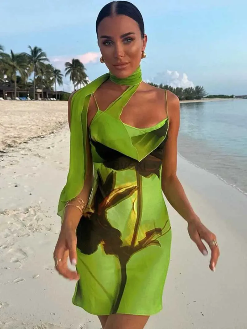 Городские сексуальные платья зеленые печь Мини -шифоновое платье 2024 Женская одежда без рукавов с высокой талией.