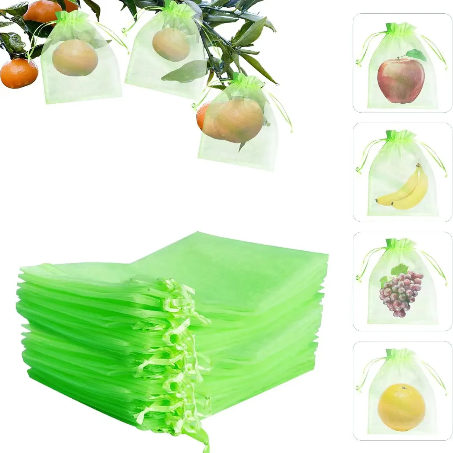 Bolsas de protección de frutas de 100 piezas de 100 piezas protectores de malla de cordón de cordón de la plataforma barrera de plagas para mangos jardines 240510