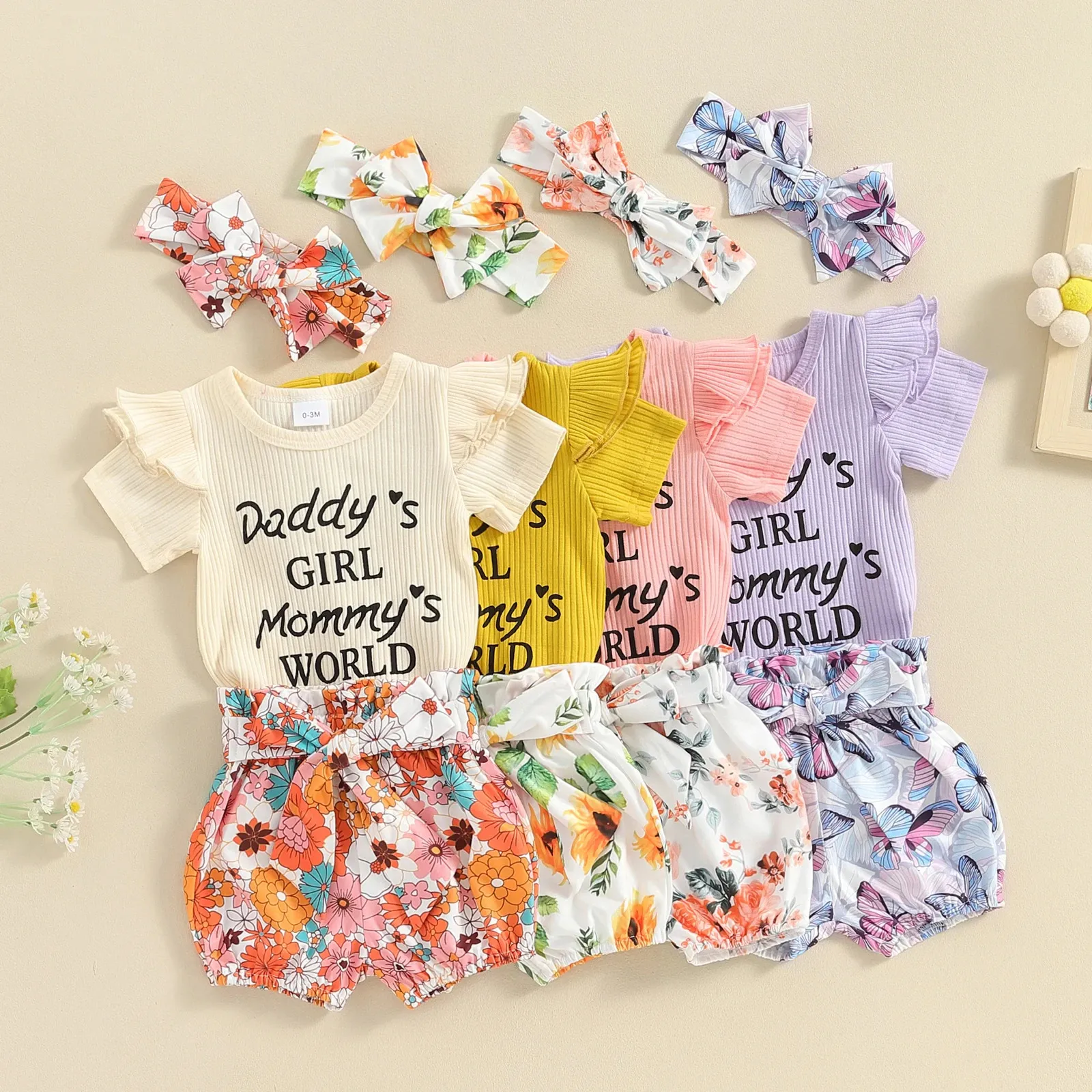 Pudcoco Infant Born Babhirgher 3pcs Summer Outfit半袖ロンパーフローラルショーツヘッドバンドセット生まれ240507