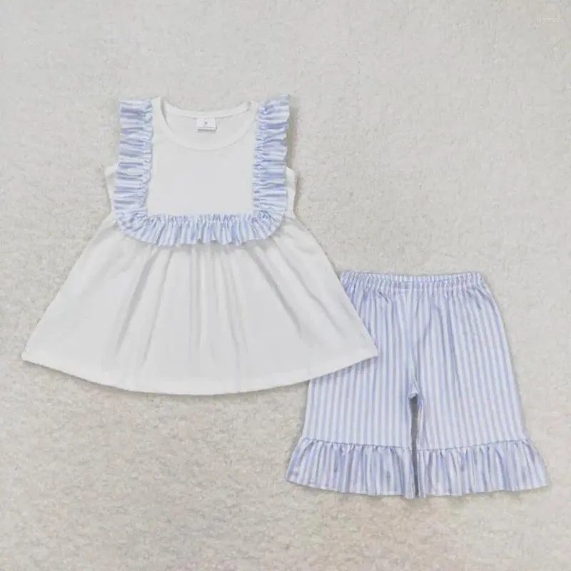 Roupas Conjuntos de roupas de listras azuis de mangas curtas de listras de mangas curtas para crianças impressão de meninas de bebê roupas de verão