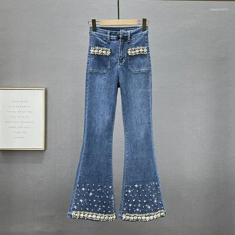 Damesjeans Rhinestone Flare Women 2024 Autumn Winter High Taille Stretch Slim Fit Denim Bell-Bottom Pants Lange broek Street