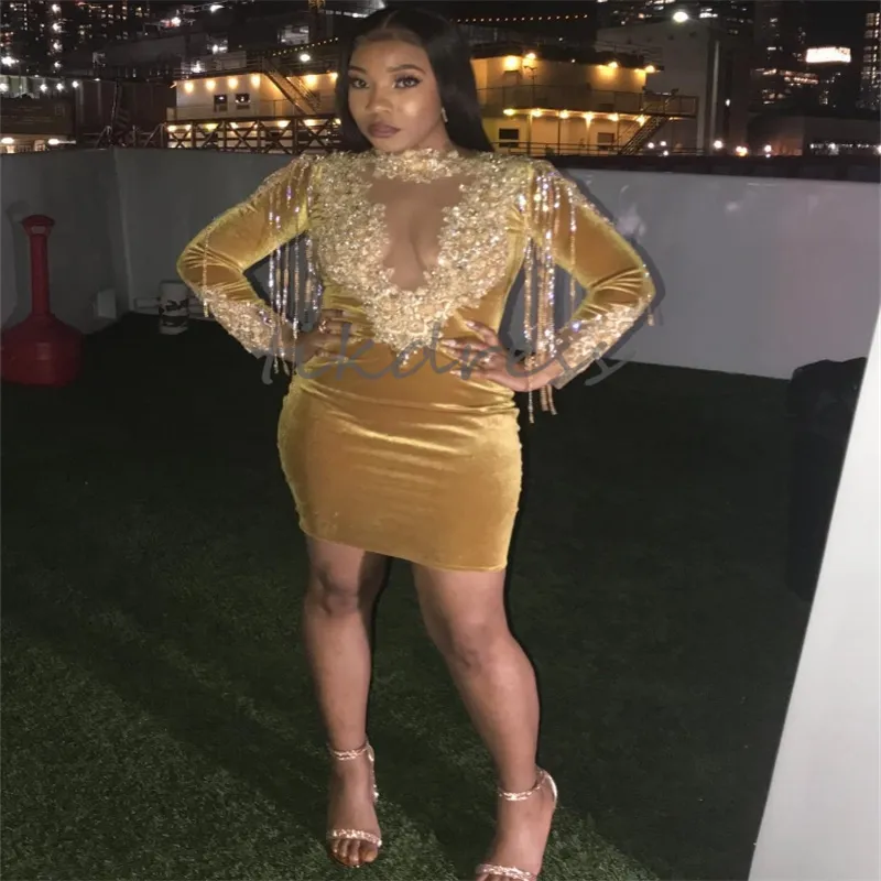 Gold velvet prom dress for black women with long sleeves, knee-length,  jewel neckline, and crystal embellishments from Dhgate Prom Dresses - price  106.83