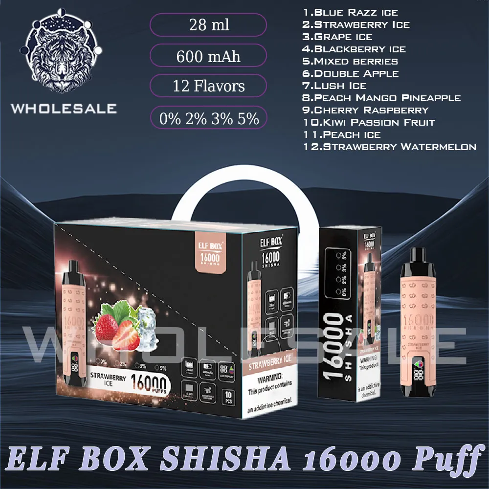 Elf Box Shisha 16000 Poix de vape jetable 28 ml Pré-rempli 600mAh Batterie rechargeable pré-chargée 0% 2% 3% 5% Dispositif de vaporisateur de niveau Cigarette 12 saveurs en stock