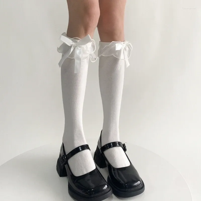 Kobiet Socks School Girl Long Calf Ruffle Trim Bowknot Długość kolan pończochy 13mc