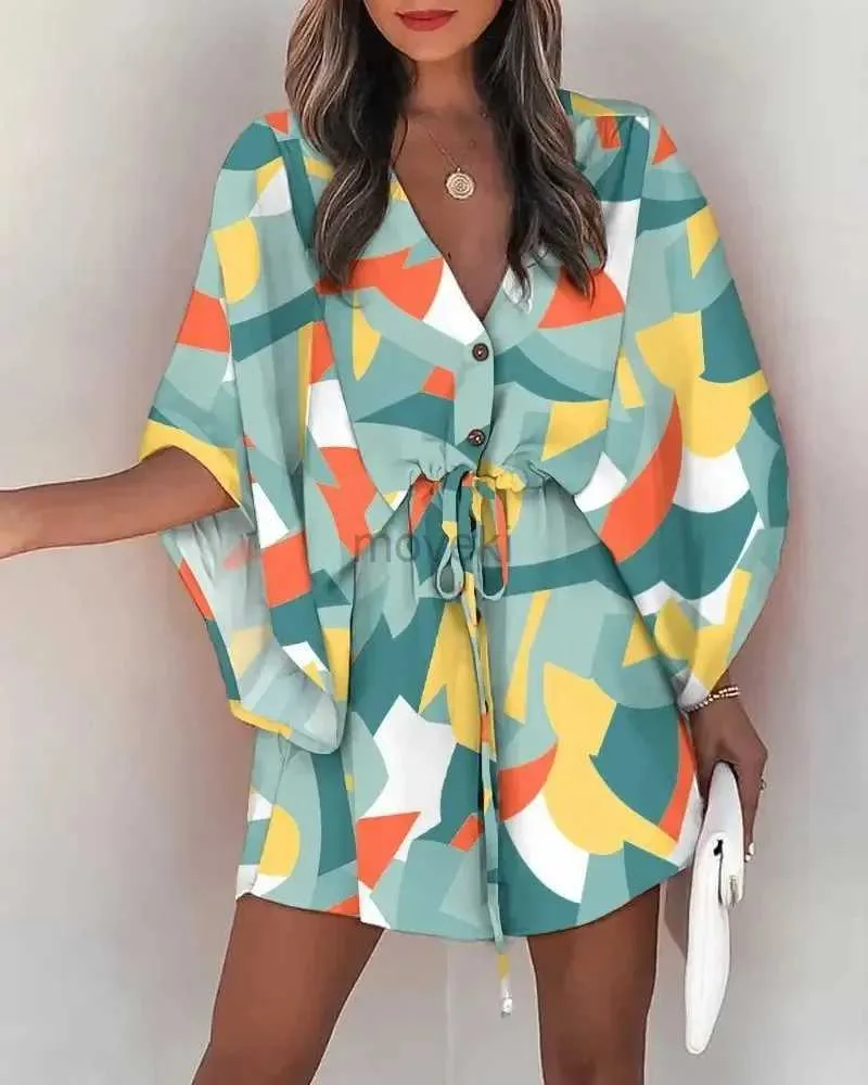 Robes sexy urbaines Femmes Sexy V-cou mini-robe Summer Casual Imprimer Bat Aile manche robe Womens Preeted Beach Party Robe Gest D240510