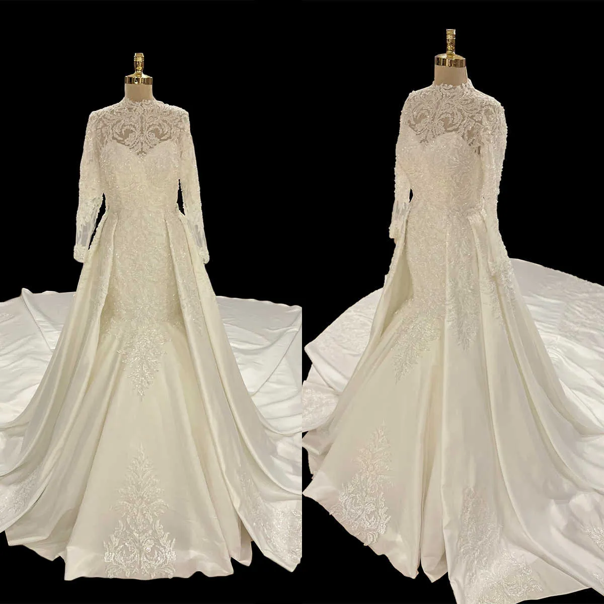 Eleganti abiti da sposa sirena ad alta maniche lunghe con colletto alto abito da sposa in pizzo staccabile in pizzo personalizzato.