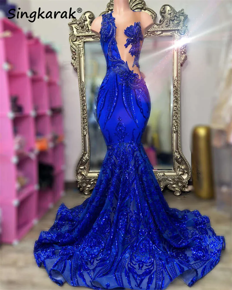 Sparkly Royal Blue Diamonds Mermaid Prom Glitter Sequins Bead Crystal Rhinestones Special Birthday Party Dress