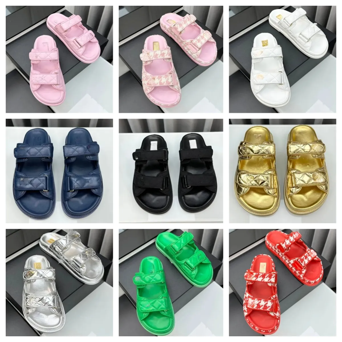 Women s Leather Designer Velcro Sandals Summer Beach Flip Flops Luxury Platform Slides